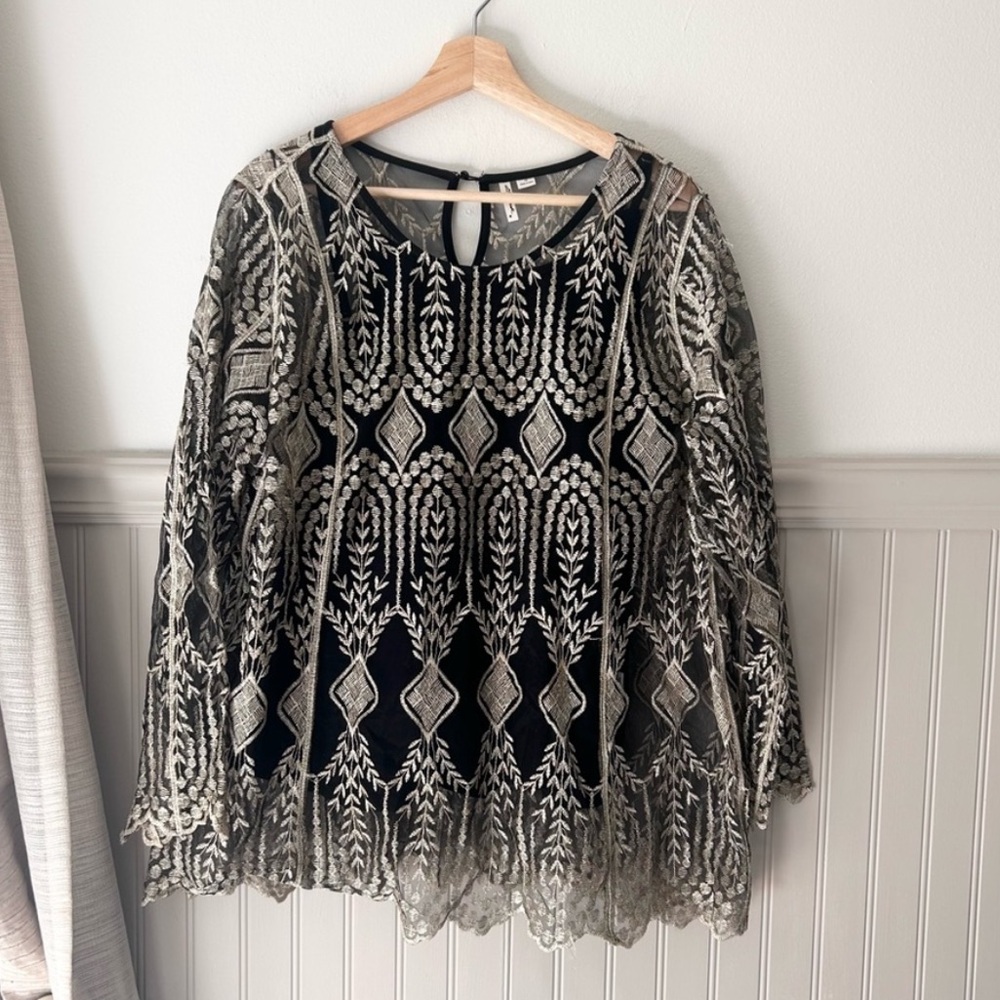 Ultra Pink 1X Black Cream Mesh Sleeve Keyhole Blouse Layered Top